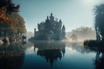 Fototapeta A mystical lake with a castle in the background, with a magical atmosphere - Generative AI obraz