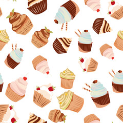 Vector seamless pattern with cakes. Holiday background for birthday party. Backdrop with cupcakes and muffins. Endless texture for kids clothes.