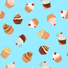 Cupcakes Seamless pattern on blue background. Texture for fabric, wrapping, wallpaper. Decorative print. Pattern from different cakes.