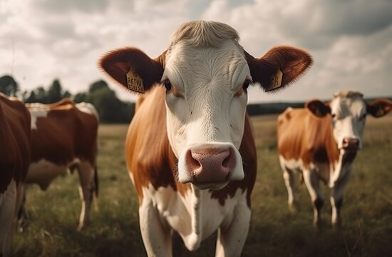 Cows Grazing in Green Pasture. Generative AI.