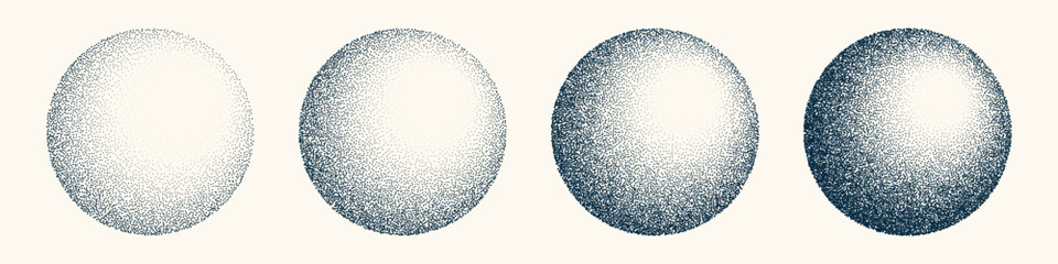 Round shaped dotted objects, vintage stipple elements. Fading gradient. Stippling, dotwork drawing, shading using dots. Halftone disintegration effect. White noise grainy texture. Vector illustration