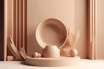 Beige pedestal with round frame for beauty product promotion on studio background. Skin color diversity. Generative ai.