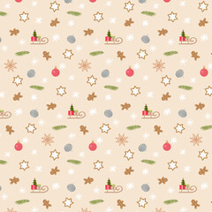 Christmas motif seamless pattern in warm tone with ginger bread, sleigh, stars,  balls and pine leaves 