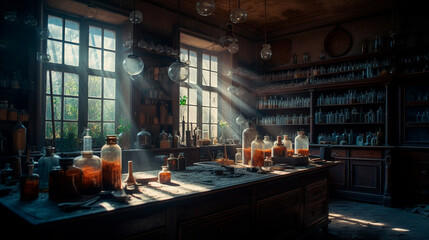 Ancient chemists laboratory with mysterious objects and experiments with atmospheric sunlight shining though dusty windows. Generative AI illustrator - obrazy, fototapety, plakaty