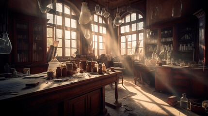Ancient chemists laboratory with mysterious objects and experiments with atmospheric sunlight shining though dusty windows. Generative AI illustrator