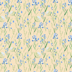 Seamless watercolor pattern with wildflowers bluebell, forget-me-not, iris, Queen Annes lace on beige background. Can be used for fabric prints, gift wrapping paper, kitchen textile.