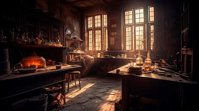 Ancient chemists laboratory with mysterious objects and experiments with atmospheric sunlight shining though dusty windows. Generative AI illustrator