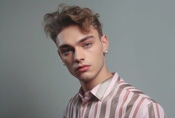 Stylish Zoomer in Pink Shirt - Young Male on Grey Background. Generative AI.