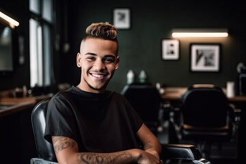 Young Black Barber in a Traditional Barbershop. Generative AI.