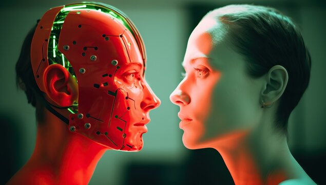 Humanity Confronts its Future: Woman and Cyborg Clone Meet. Generative AI.