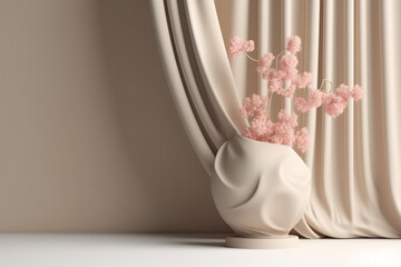 Fototapeta na wymiar Beige podium with pink flower in vase and curtain. Nature-inspired pedestal for beauty product presentation. Spring/summer. Generative ai.