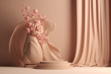 Beige podium with pink flower in vase and curtain. Nature-inspired pedestal for beauty product presentation. Generative ai.