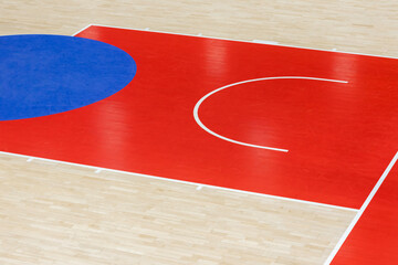 Wooden floor volleyball, basketball, badminton, futsal, handball court. Wooden floor of sports hall...