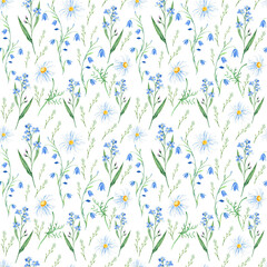 Seamless watercolor pattern with wildflowers bluebell, forget-me-not, camomile on white background. Can be used for fabric prints, gift wrapping paper, kitchen textile.