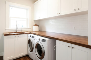 Laundry room with washers and dryers in a modern style, minimalist design, white walls, copy space. High quality generative ai