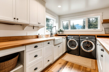Laundry room with dark washers and dryers in a modern style, minimalist design, white walls, copy space. High quality generative ai