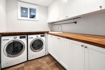 Laundry room with washers and dryers in a modern style, minimalist design, white walls, copy space. High quality generative ai