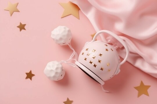 Top view photo of small white alarm clock pink silk sleeping mask earplugs golden stars and clouds. AI generative