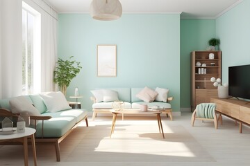 Wohnzimmer, hell, mint Farben, Holzmöbel - Ai Generiert