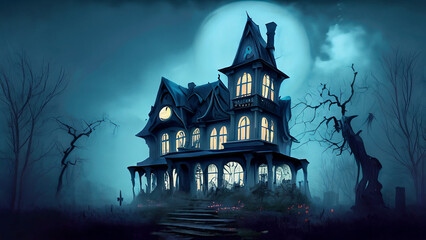 Fototapeta na wymiar The ghosts house! Light Blue Backgrounds, with fantasy theme