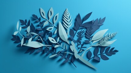 Foliage Paper Shapes Cut-Outs in Blue on a Blue Background, DIY Paper Cutting Art, AI Generative