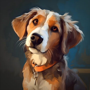 The painting is a beautiful portrait of a dog, created in an digital oil painting style. The painting style and technique gives the image a timeless and classic feel.