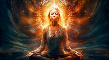 illustration of spiritual awakening enlightment meditation. Generative AI - obrazy, fototapety, plakaty