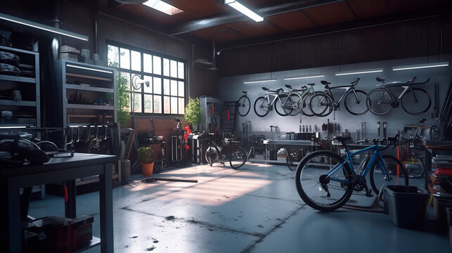 Interior of modern bicycle garage or workshop with many professionals tools and equipment. Generative AI