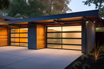 Modern garage doors with carport. Contemporary architecture, smart home; no cars parked and no people. Generative ai.