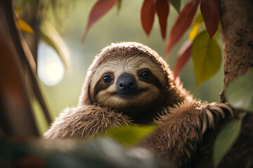 A sloth hangs in a tree