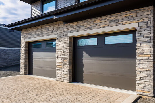 Modern garage doors with carport. Contemporary architecture, smart home; no cars parked and no people. Generative ai.