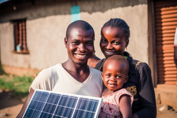 Young African American family holding a small solar panel, building their own solar plant. Generative ai.