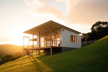 Fototapeta na wymiar Modern prefabricated house at sunset. Contemporary living ideas. Smart and self sufficient home. Generative ai.