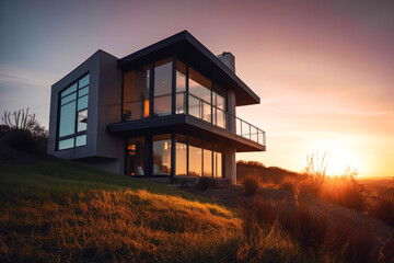 Fototapeta na wymiar Modern prefabricated house at sunset. Contemporary living ideas. Smart and self sufficient home. Generative ai.