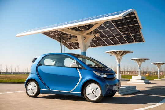 Modern electric car with solar charging station. Illustration of renewable energy options. Clean and environmental friendly transportation. Generative ai.