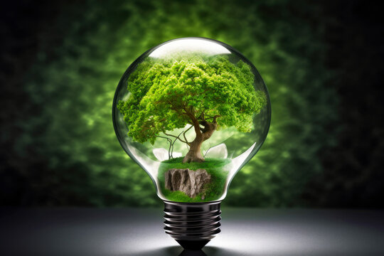 Concept photo of green energy resources. A plant and a light bulb with green vegetation. Eco friendly. Saving the planet. Generative ai.