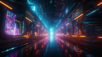 futuristic cyber space tunnel with RGB lighting super speed zooming in created with generative ai