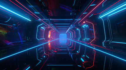 futuristic cyber space tunnel with RGB lighting super speed zooming in created with generative ai
