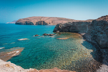 Papafragas area on the north of Milos island in Mediterranean sea - 593380413