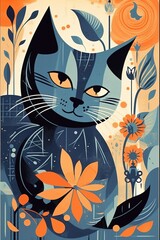 Gorgeous geometric and floral black cat illustration made with Generative AI 