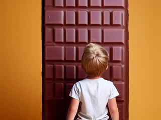 Boy looking a giant chocolate bar