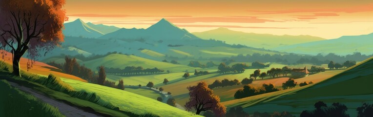 Digital painting of sunset in the countryside. Landscape with rolling hills, greenery, and a stunning mounting range. Soft strokes and picturesque composition. AI-generated art.