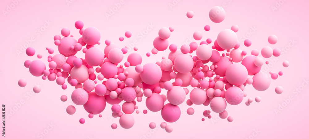 Poster pink matte soft chaotic balls in different sizes. abstract composition with pink random flying spher