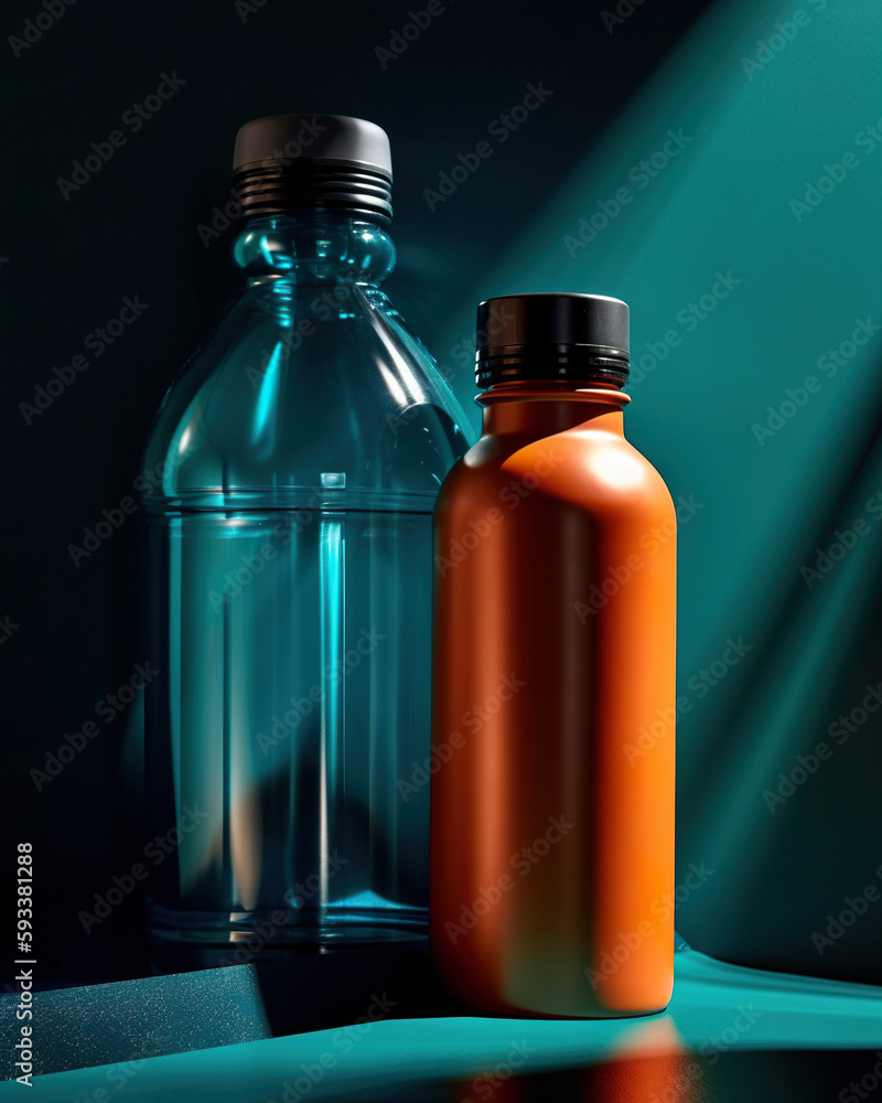 Poster a couple of bottles sitting on top of a table. ai generative image