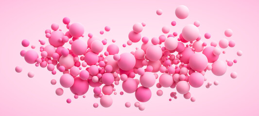 Pink matte soft chaotic balls in different sizes. Abstract composition with pink random flying spheres. Vector background