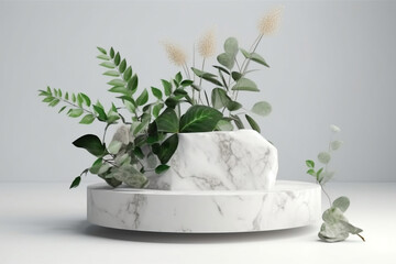 Nature-inspired display podium with white background, stone, flower, and green leaf. Minimalistic pedestal for beauty and cosmetic product presentation. Generative ai.