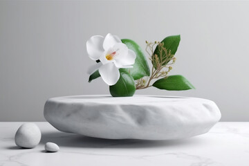 Nature-inspired display podium with white background, stone, flower, and green leaf. Minimalistic pedestal for beauty and cosmetic product presentation. Feminine and organic mock-up. Generative ai.