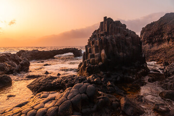 El Hierro Island. Canary Islands, landscape of volcanic rocks in the natural pool of Charco Azul at sunset