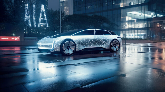The Future is Now: Advertisement for a High-End Electric Car in city at night, AI generative digital illustration