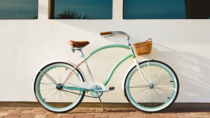 A beach cruiser bike leaning against a wall. Generative AI